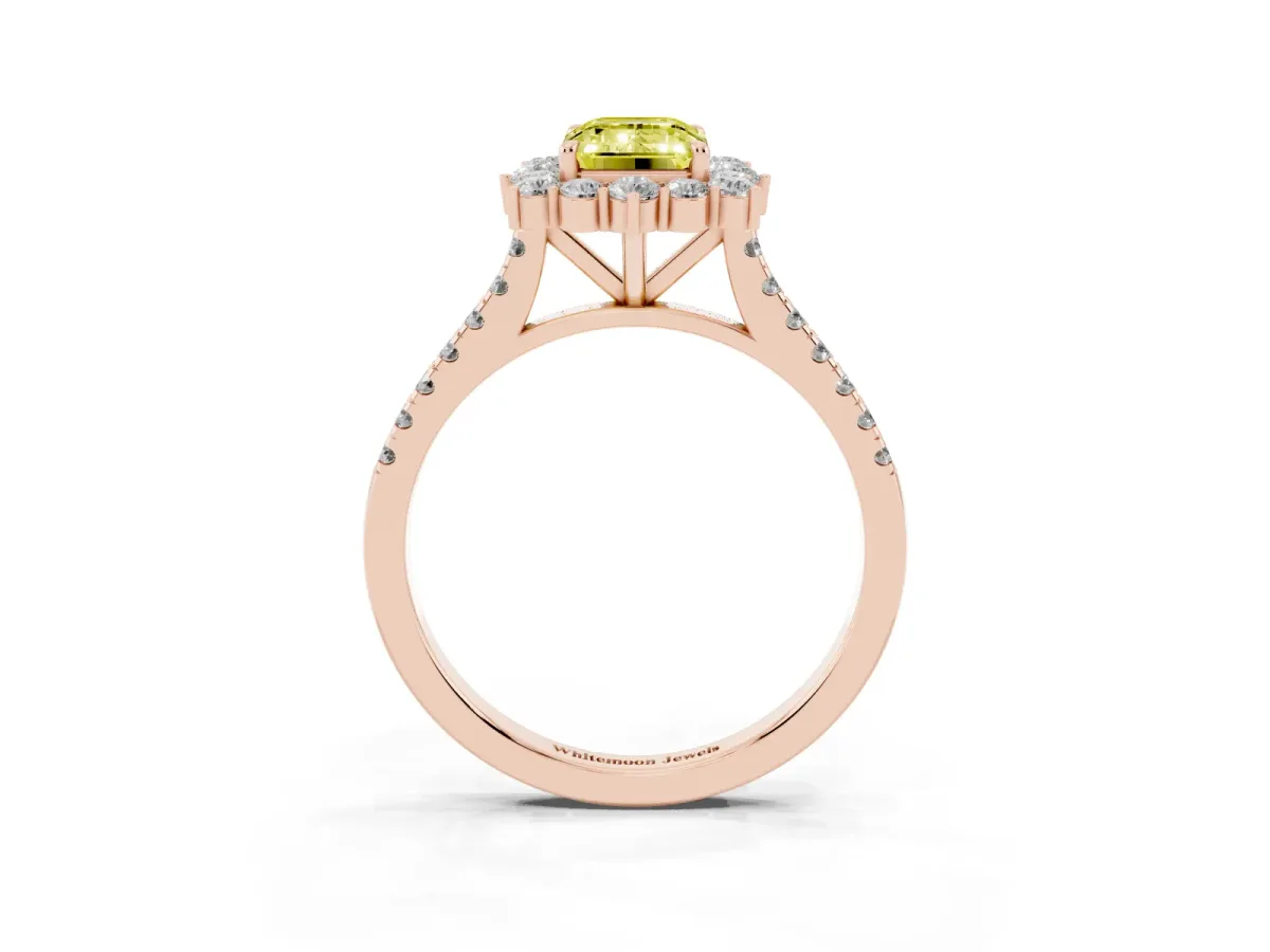 Fancy Yellow Emerald Cut Halo Diamond Ring with Pavé Band and Prong Setting Rose gold