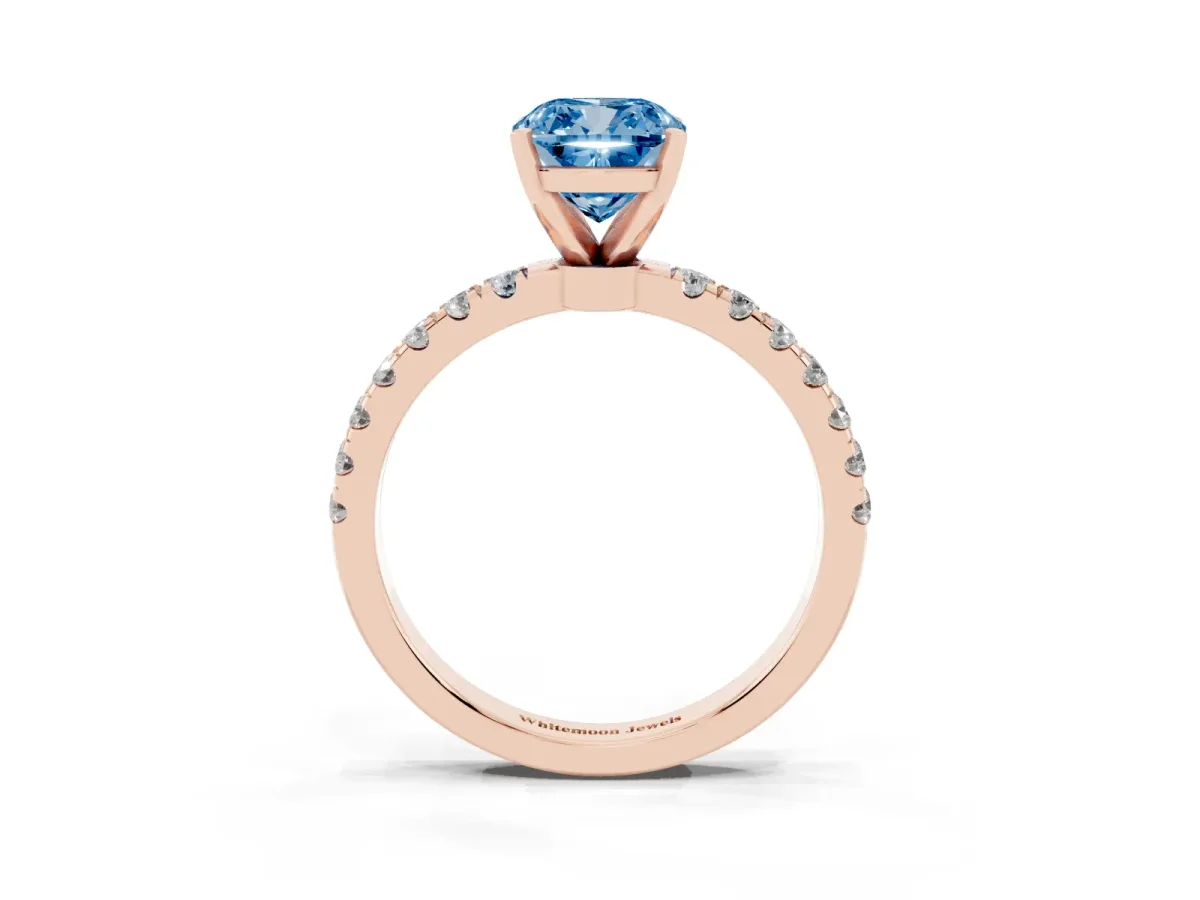 Fancy Blue Cushion Cut Diamond Solitaire Ring with Pavé Accents and Four-Prong Setting Rose gold