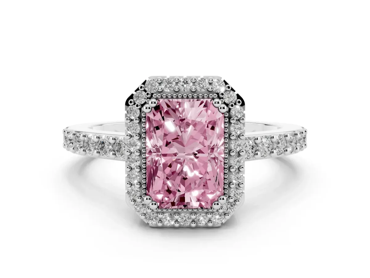 Fancy Pink Radiant Cut Cut Diamond Halo Engagement Ring with Milgrain Detail and Pavé Band Silver