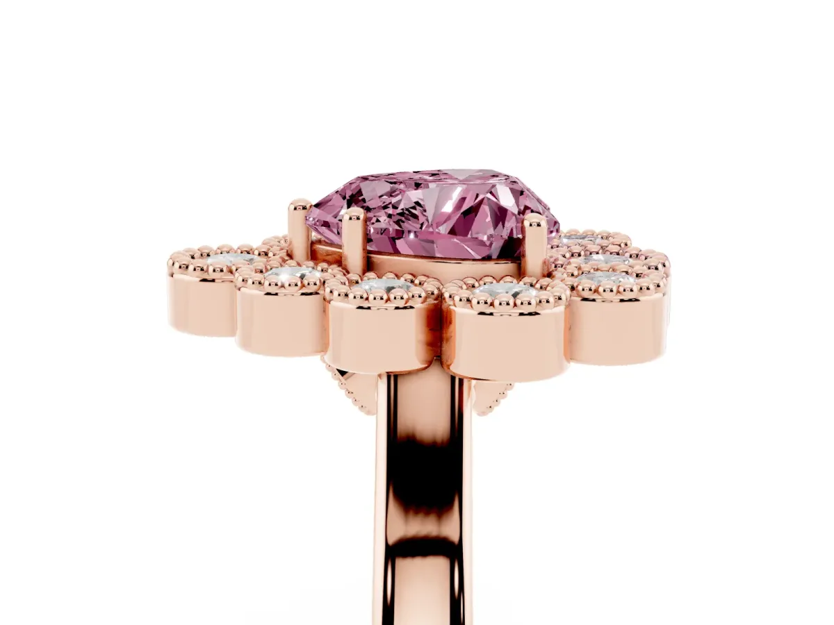 Fancy Pink Heart Cut Halo Diamond Cluster Engagement Ring with Milgrain Bezel Setting and Solitaire Band Rose gold
