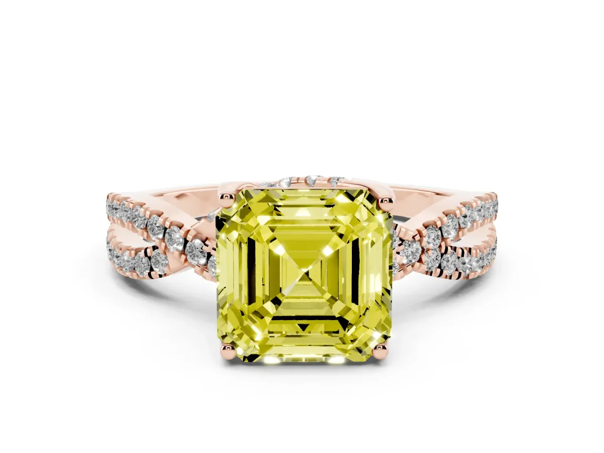 Fancy Yellow Asscher Cut Solitaire Twist Pave Diamond Engagement Ring with Prong Setting Rose gold