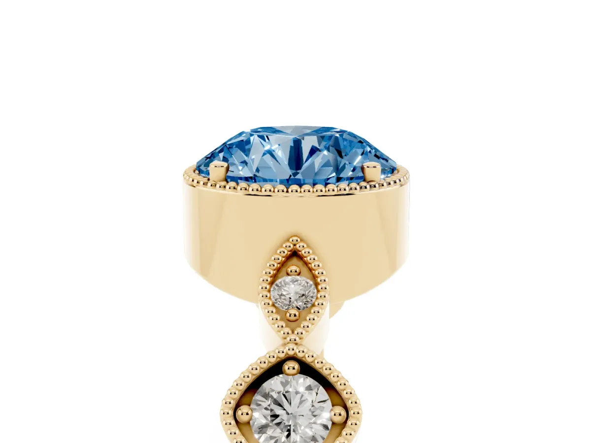 Fancy Blue Round Cut Diamond Vintage Milgrain Ring with Round Stations Yellow gold