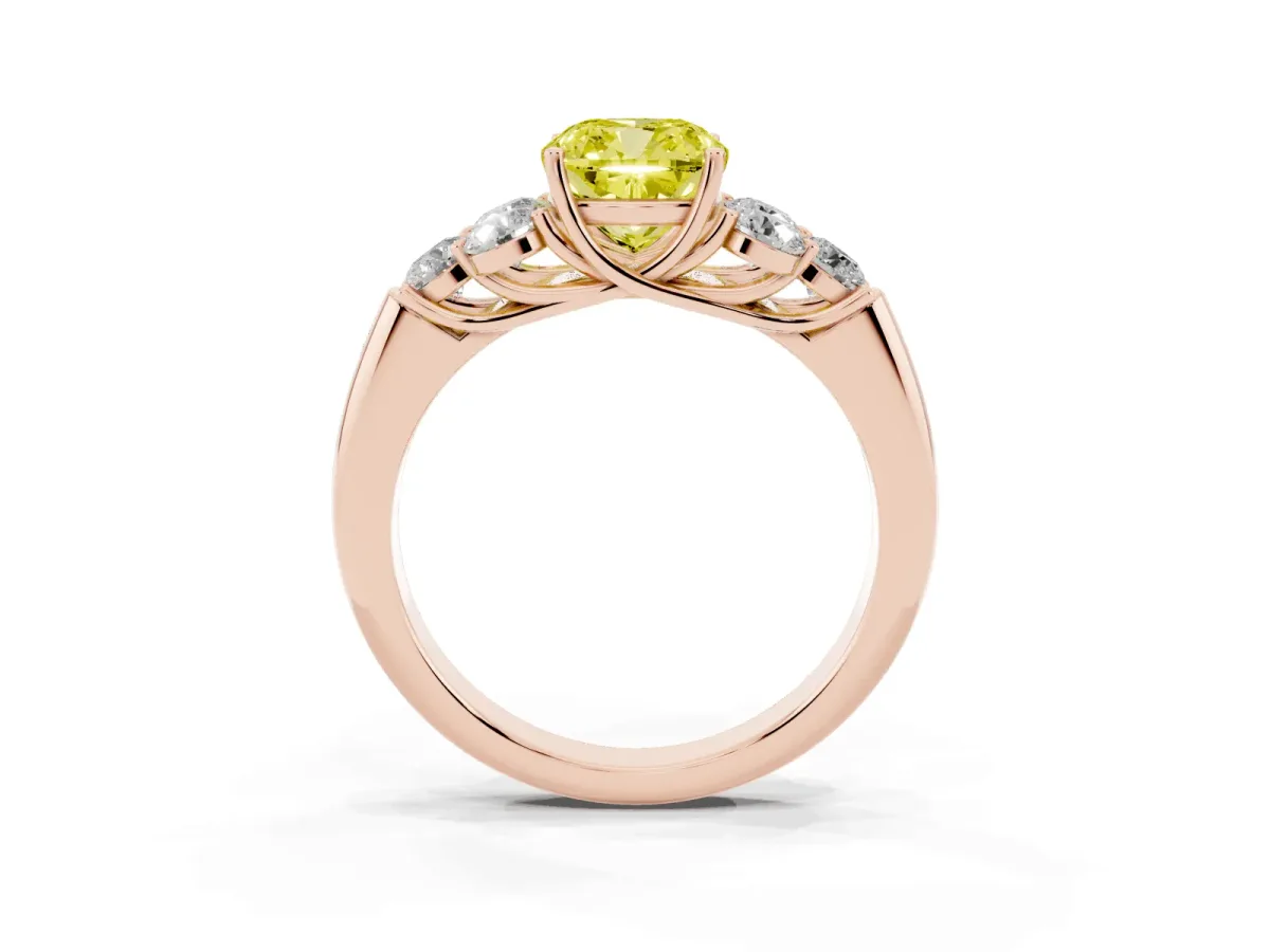 Fancy Yellow Cushion Cut Cut Diamond Cluster Ring with Round Accent Stones and Prong Setting on a Classic Band Rose gold