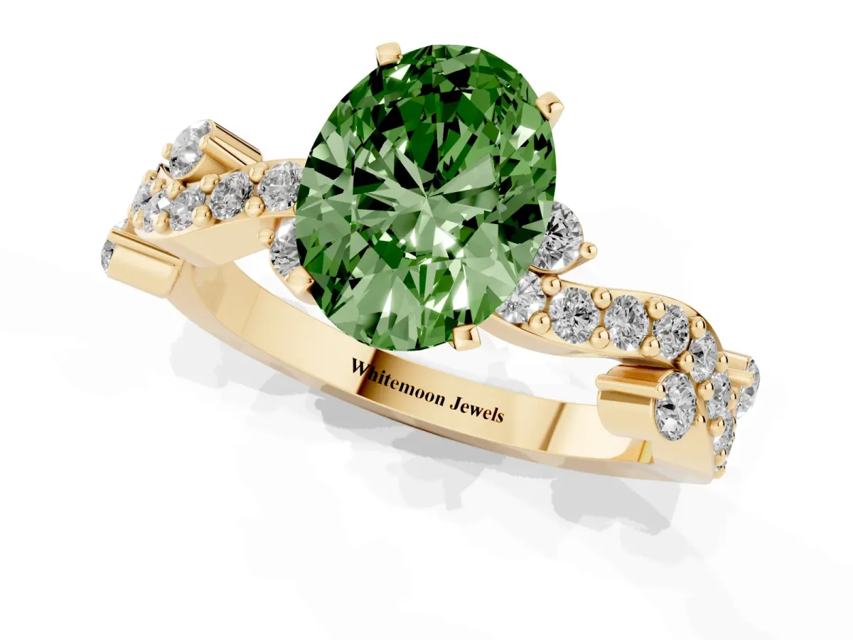 Fancy Green Oval Cut Cut Solitaire Diamond Twisted Band with Pave Setting Yellow gold