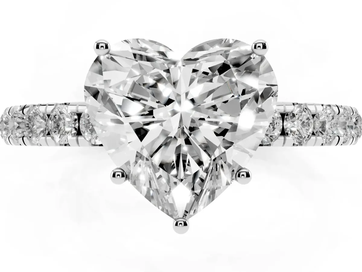 Heart Cut Diamond Pavé Solitaire Engagement Ring with Four-Prong Setting Silver