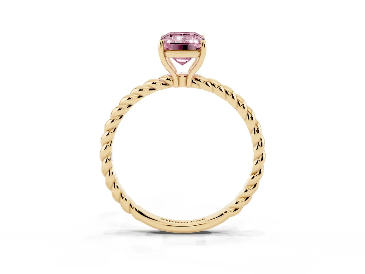 Fancy Pink Emerald Cut Solitaire Twisted Band 4-Prong Ring Yellow gold