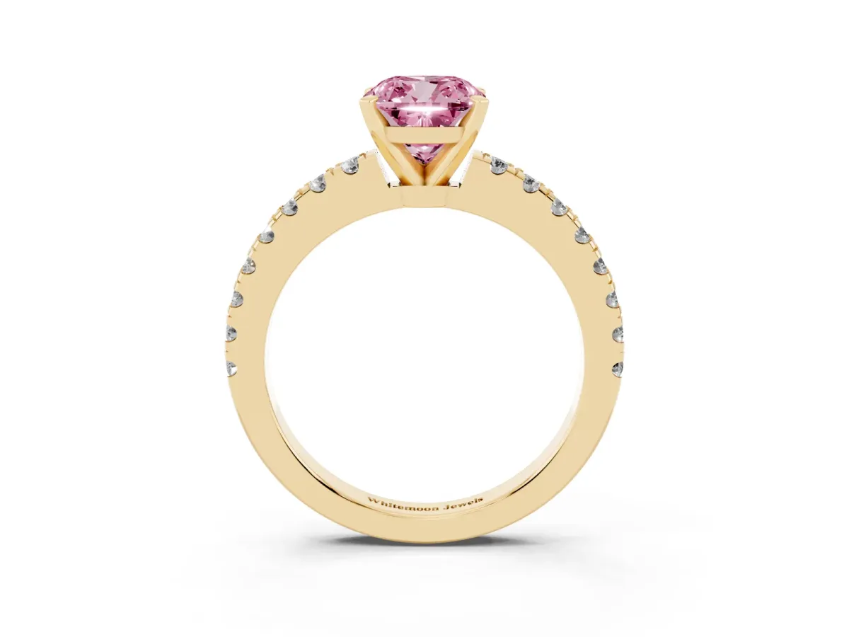 Fancy Pink Cushion Cut Solitaire Diamond with Pavé Band and Four-Prong Setting Yellow gold