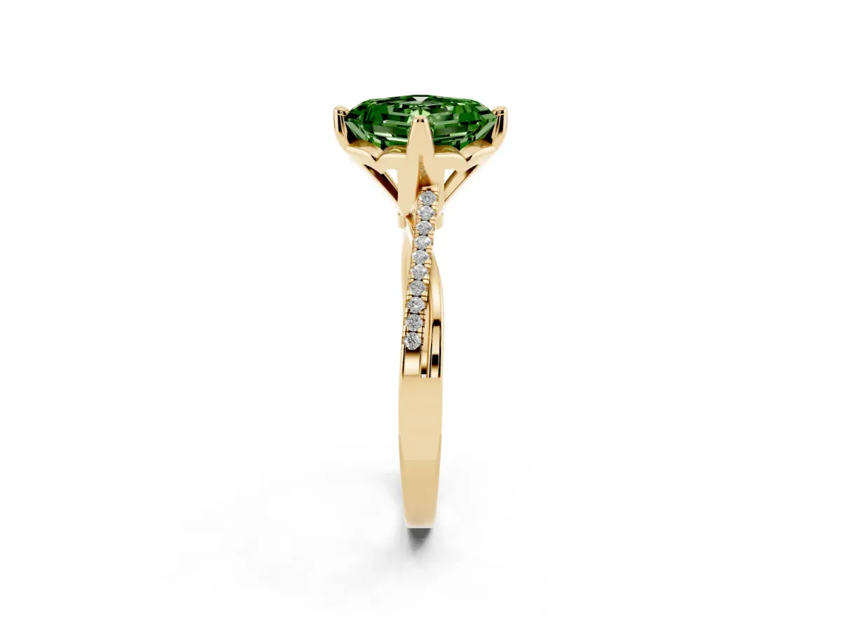 Fancy Green Asscher Cut Solitaire Twist Band with Pavé Diamonds and Four-Prong Setting Yellow gold