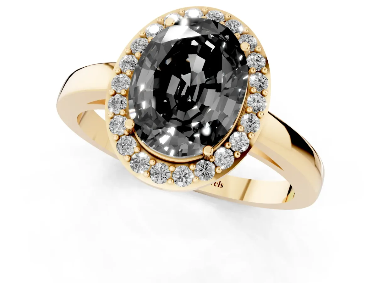 Fancy Black Oval Cut Halo Diamond Ring with Solitaire Band and Prong Setting Yellow gold