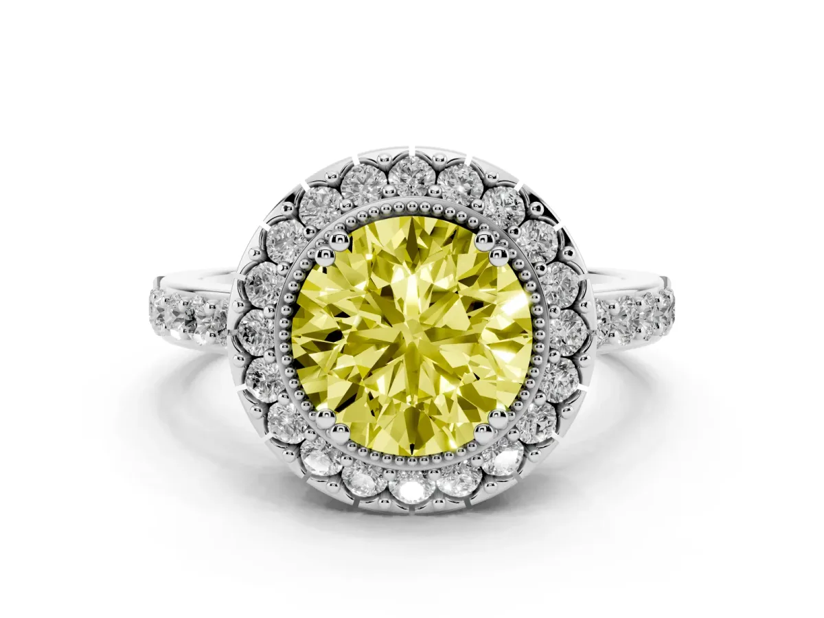 Fancy Yellow Round Cut Diamond Halo Ring with Pavé Band and Prong Setting Silver