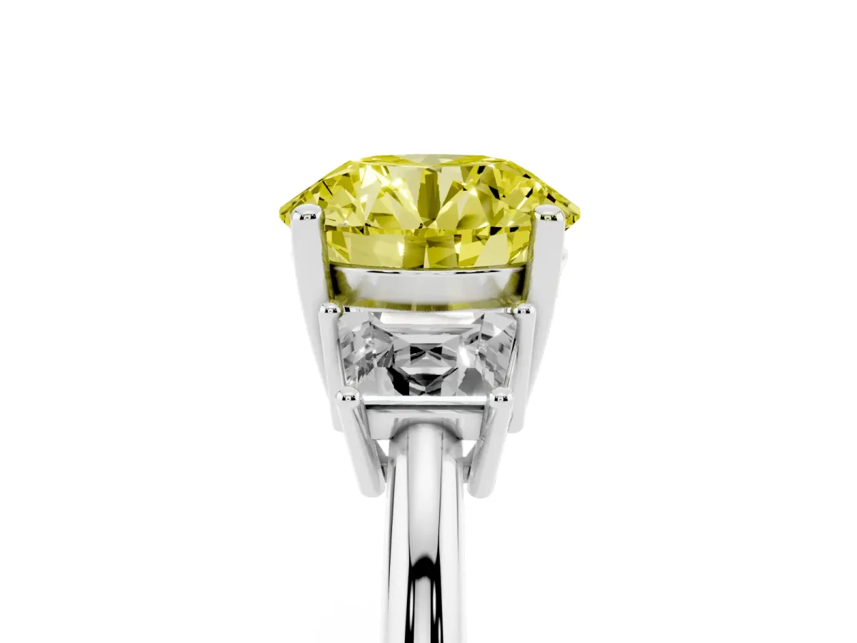 Fancy Yellow Round Cut Diamond Three-Stone Ring with Trapezoid Side Stones and Prong Setting Platinum
