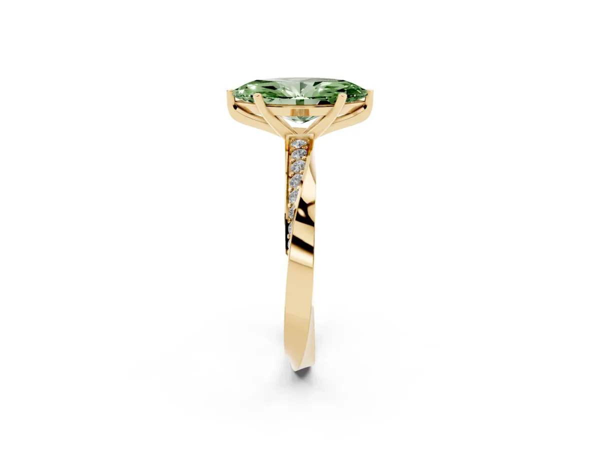 Fancy Green Marquise Cut Diamond Engagement Ring with Side Stone Accents and Four-Prong Setting Yellow gold