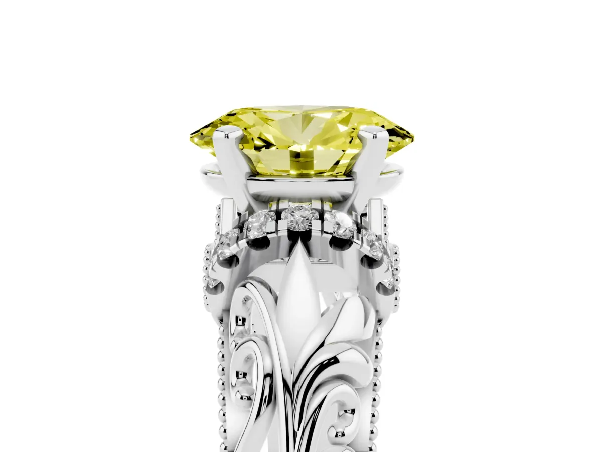 Fancy Yellow Oval Cut Solitaire Filigree Engagement Ring with Halo and Prong Setting Silver