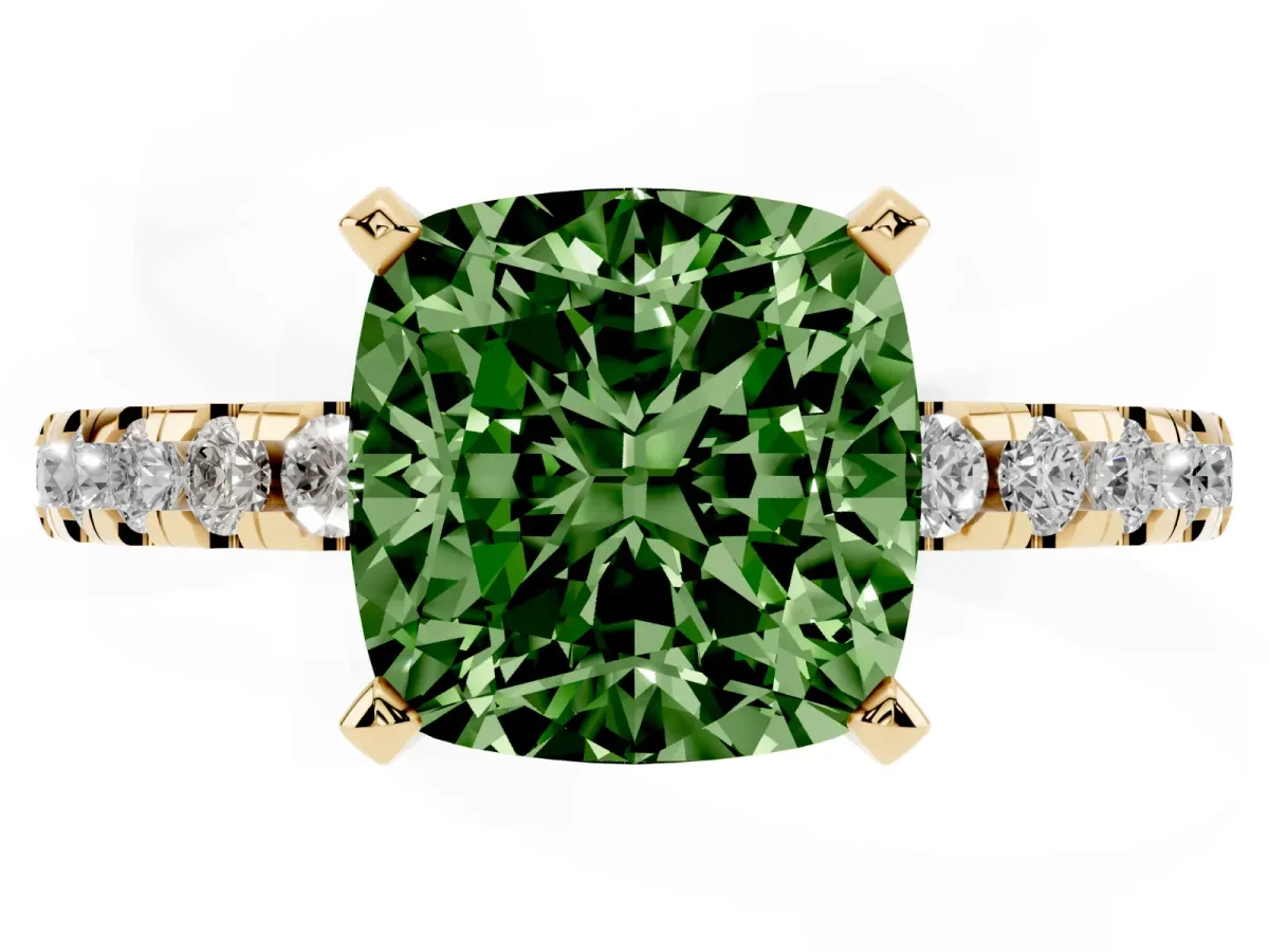 Fancy Green Cushion Cut Diamond Solitaire Ring with Round Pavé Band and Four-Prong Setting Yellow gold