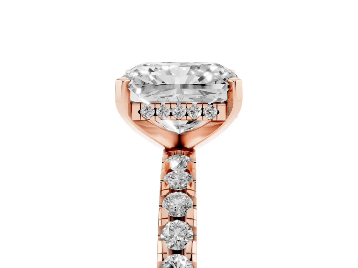 Radiant Cut Diamond Solitaire Ring with Round Pavé Band and Four-Prong Setting Rose gold