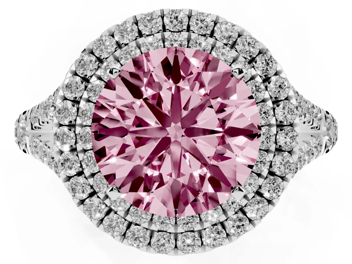 Fancy Pink Round Cut Diamond Pavé Split Shank Double Halo Engagement Ring Silver