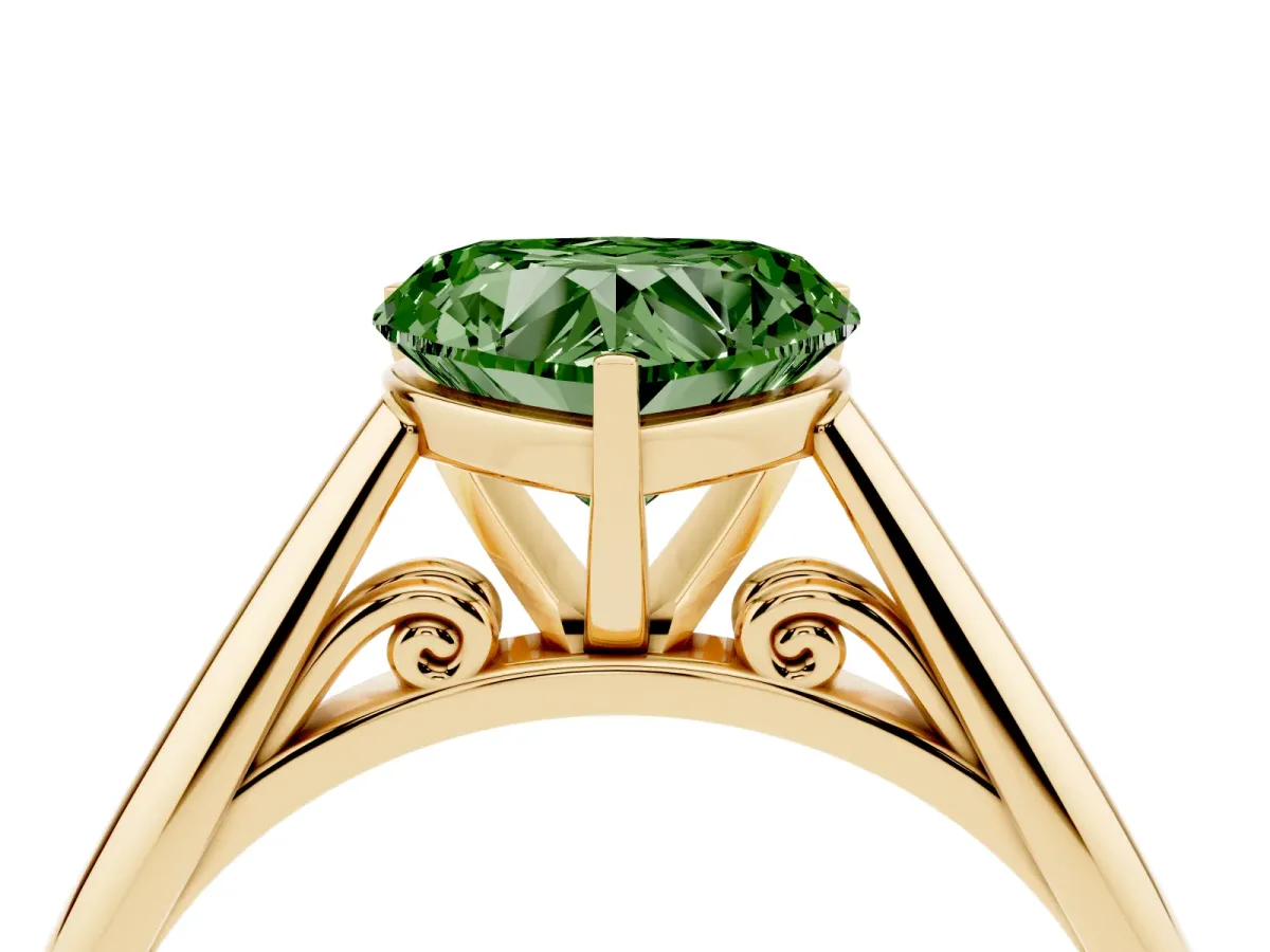 Fancy Green Heart Cut Diamond Solitaire Engagement Ring with Cathedral Setting and Four-Prong Mount Yellow gold