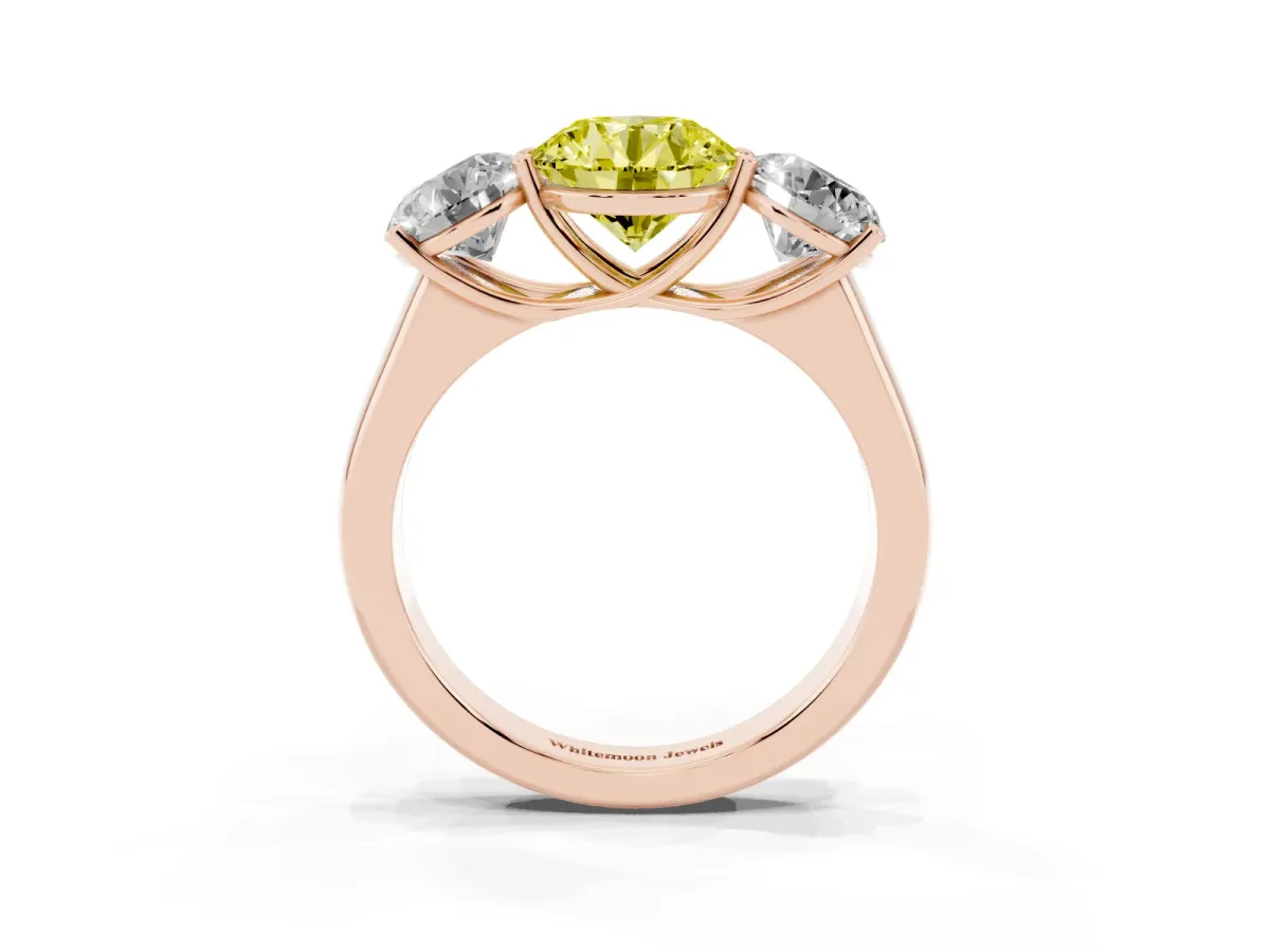 Fancy Yellow Round Cut Three-Stone Diamond Ring with Prong Setting on a Classic Band Rose gold