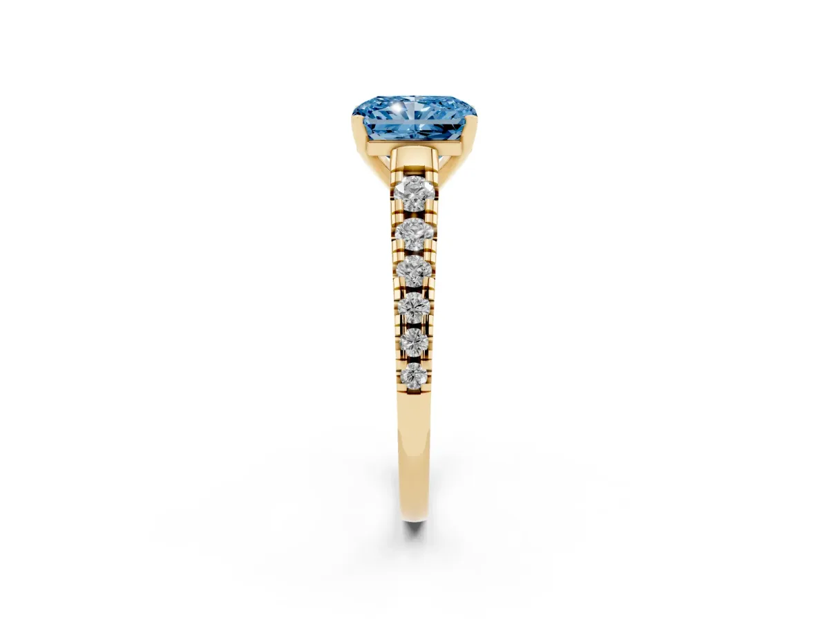 Fancy Blue Radiant Cut Diamond Cathedral Solitaire Ring with Round Pavé Band Yellow gold