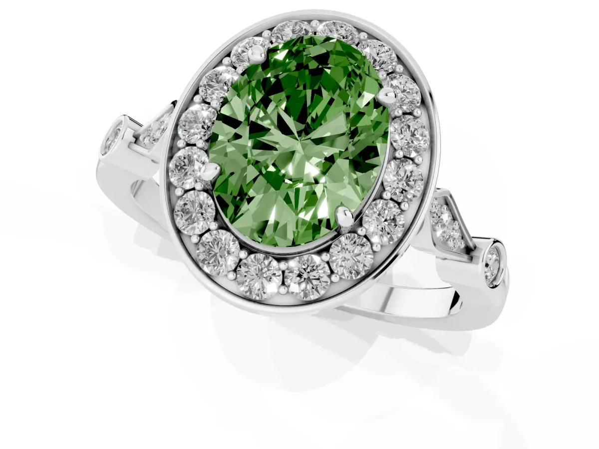 Fancy Green Oval Cut Halo Diamond Engagement Ring with Twisted Band and Four-Prong Setting White gold