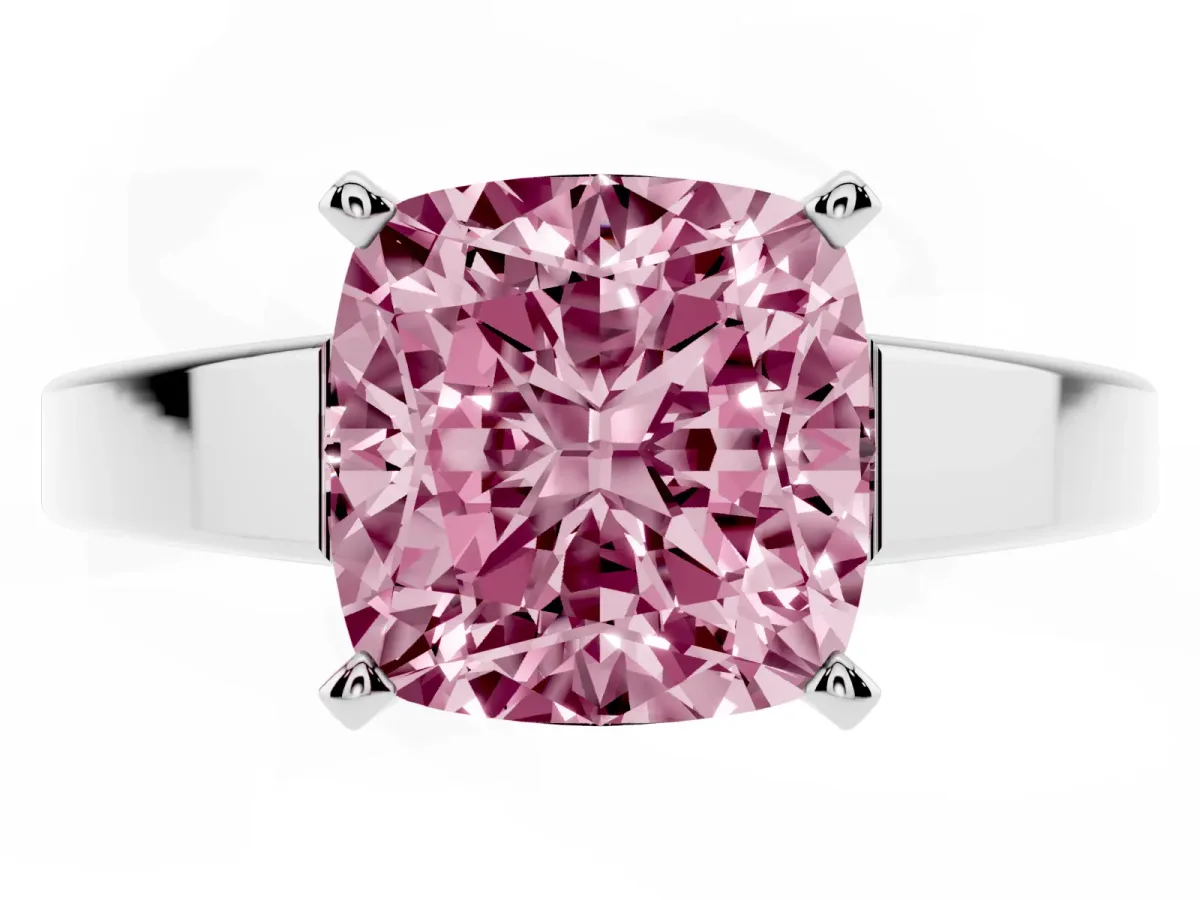 Fancy Pink Cushion Cut Solitaire Engagement Ring with Four-Prong Setting and Tapered Band Silver