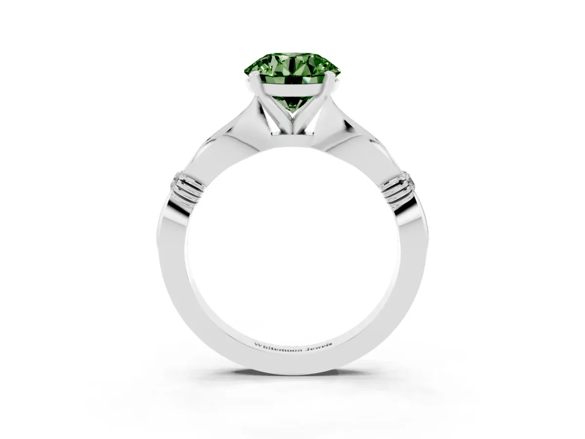 Fancy Green Round Cut Solitaire Diamond Twisted Band with Four-Prong Setting Platinum