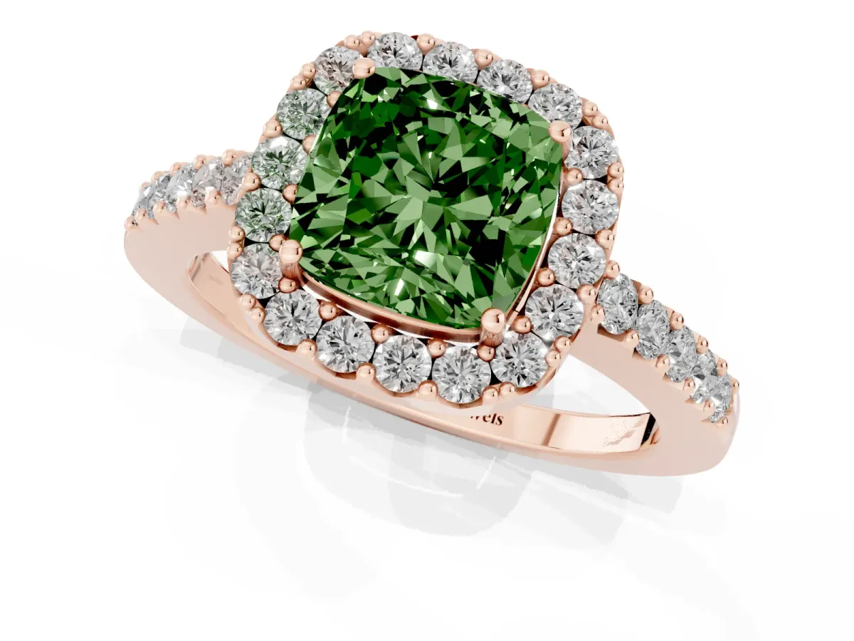 Fancy Green Cushion Cut Halo Diamond Pavé Solitaire Ring Rose gold