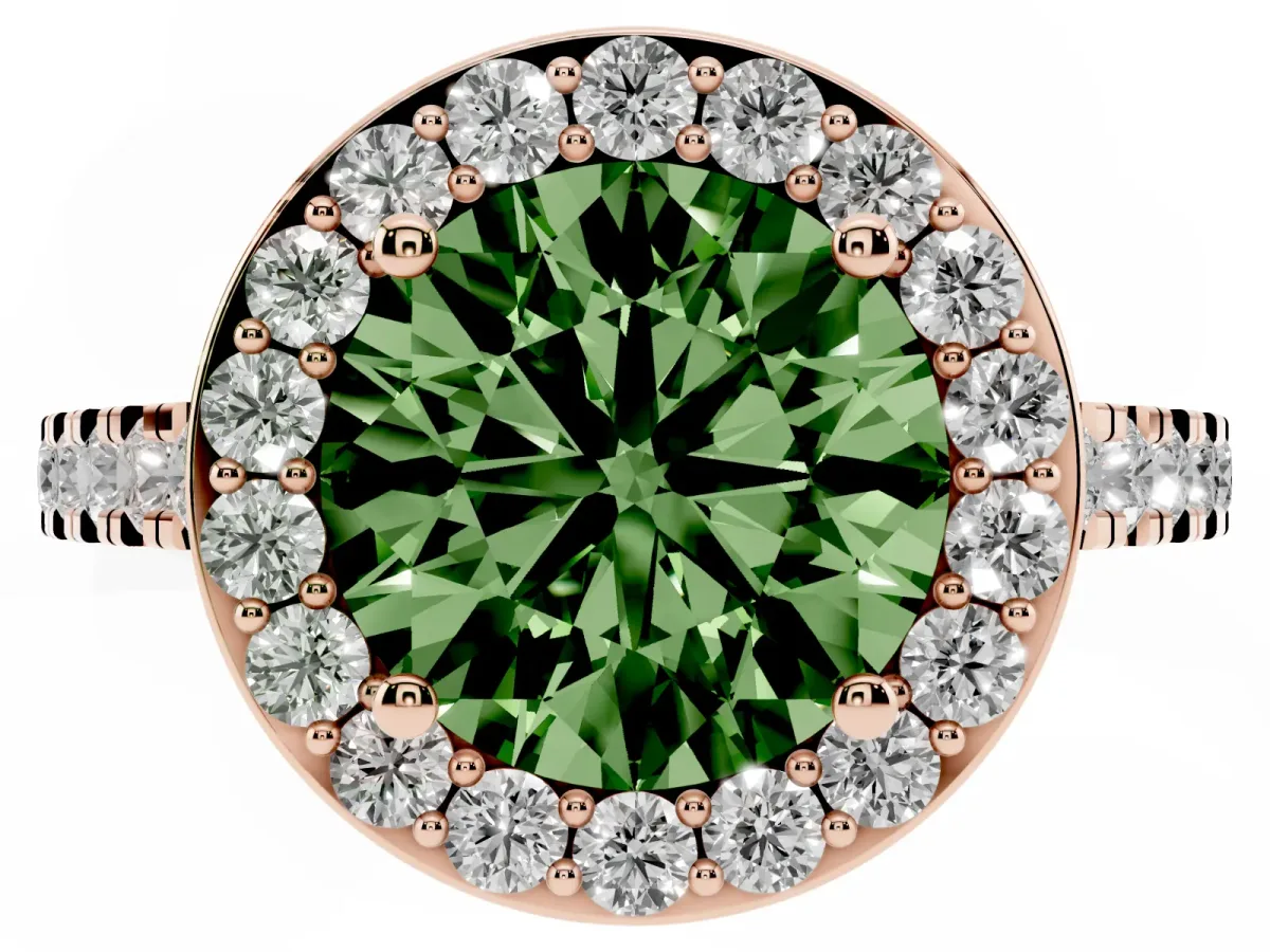 Fancy Green Round Cut Diamond Halo Ring with Round Pavé Split Shank and Prong Setting Rose gold