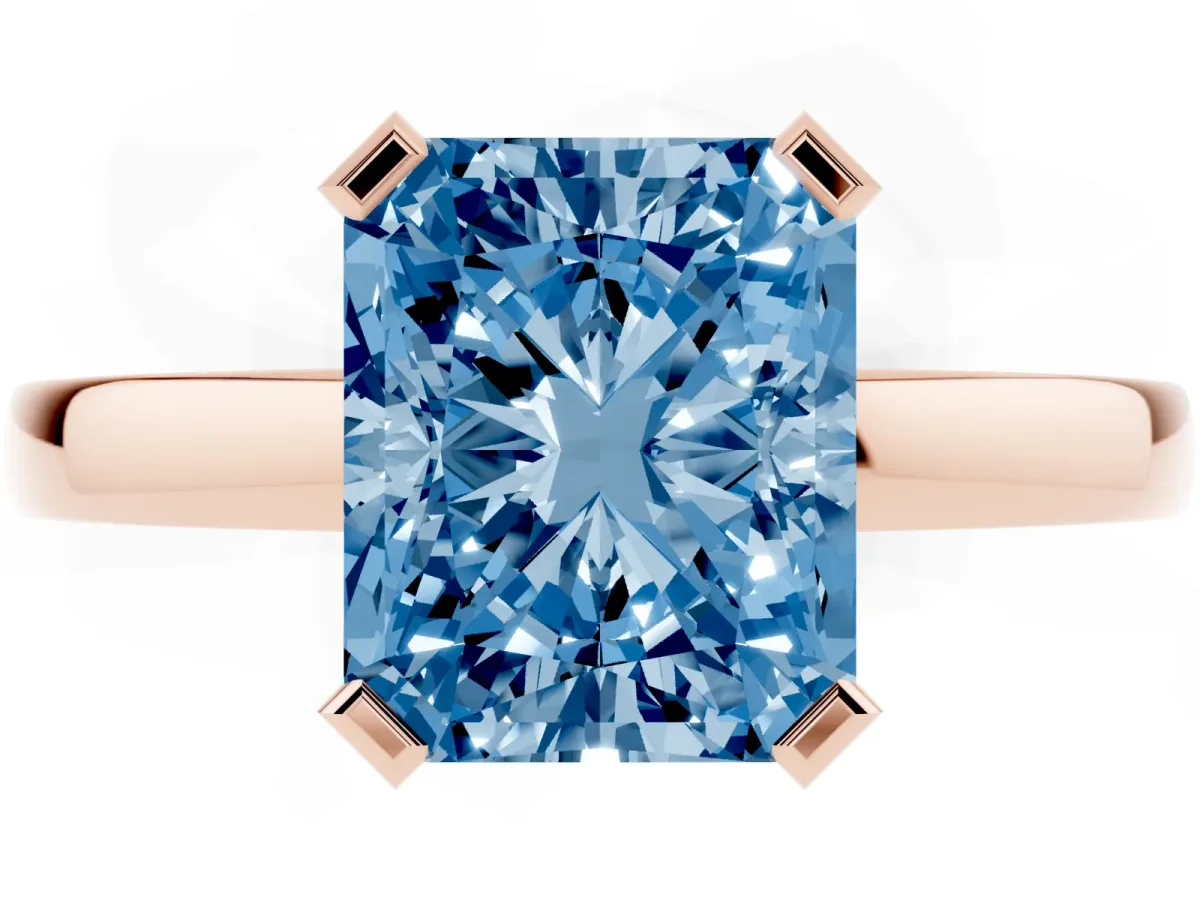 Fancy Blue Radiant Cut Cut Solitaire Ring with Four-Prong Setting and Classic Band Rose gold