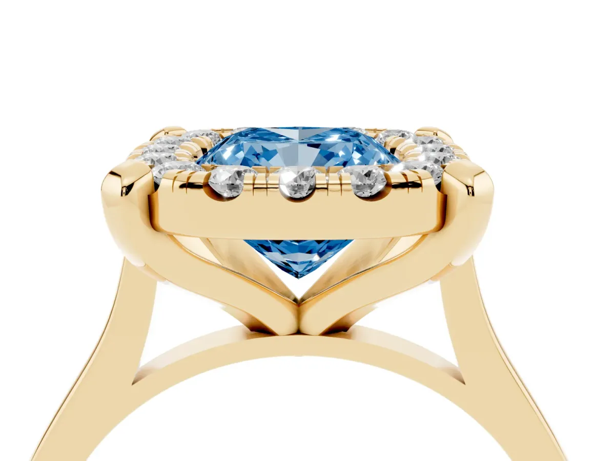 Fancy Blue Cushion Cut Diamond Cluster Halo Solitaire with Four-Prong Setting Yellow gold