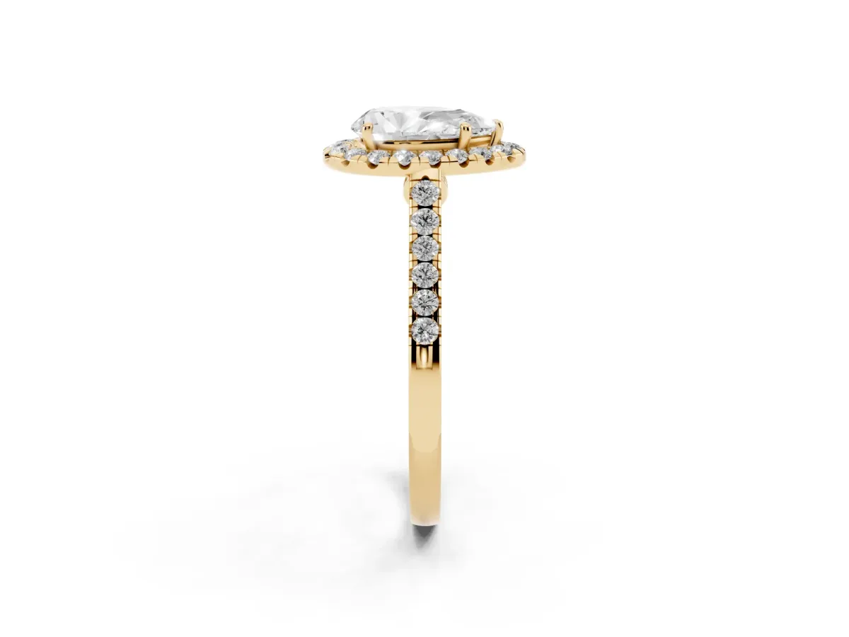 Pear Cut Halo Pave Diamond Engagement Ring with Four-Prong Setting Yellow gold