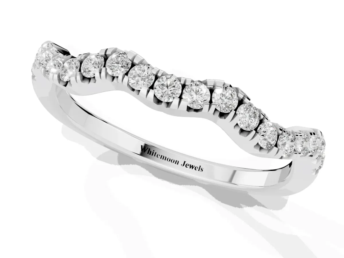 Round Diamond Scalloped Pavé Wedding Band with Shared Prong Setting Silver