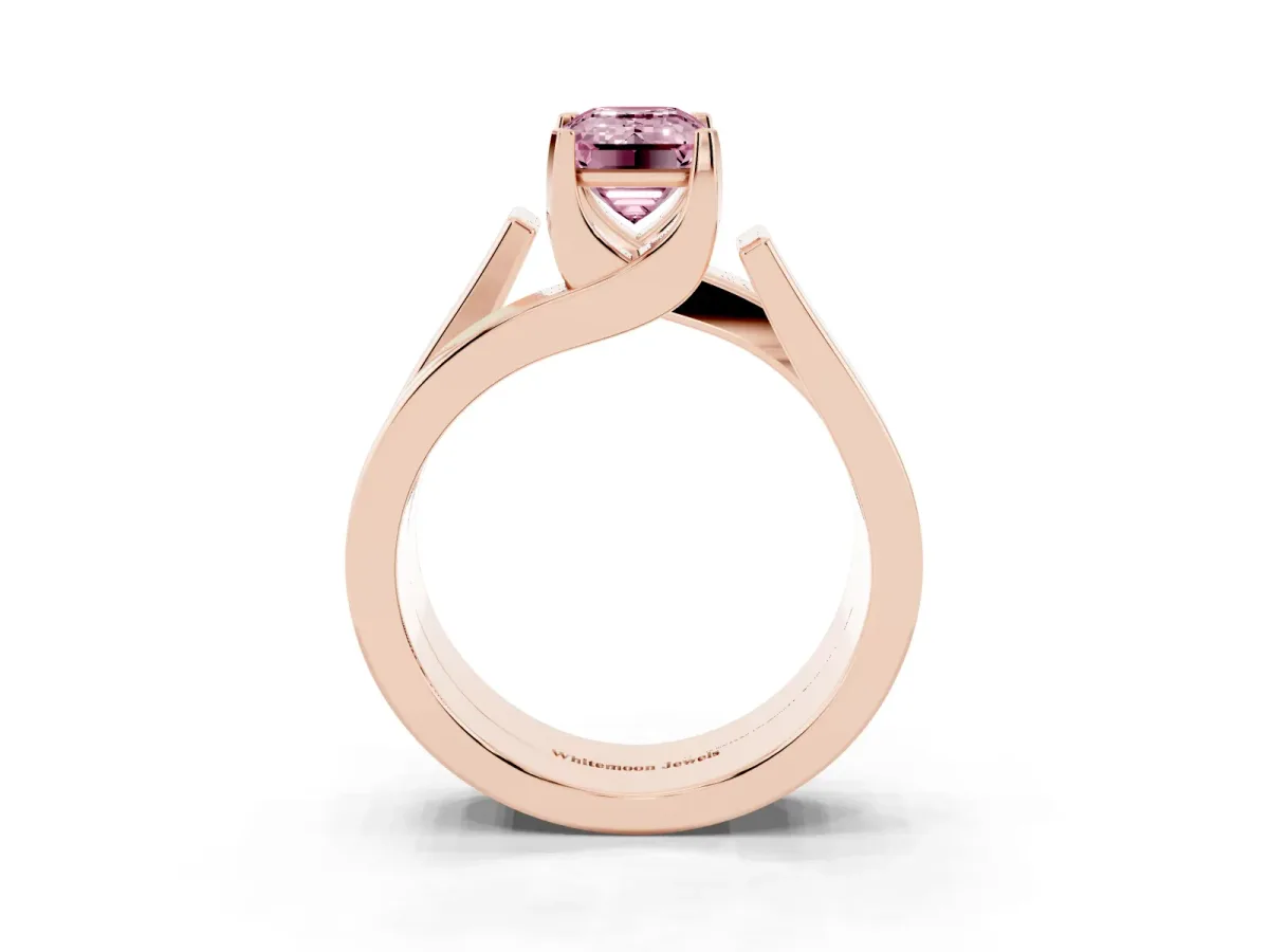 Fancy Pink Modern Tension Set Emerald Cut Diamond Solitaire Wide Band Ring Rose gold