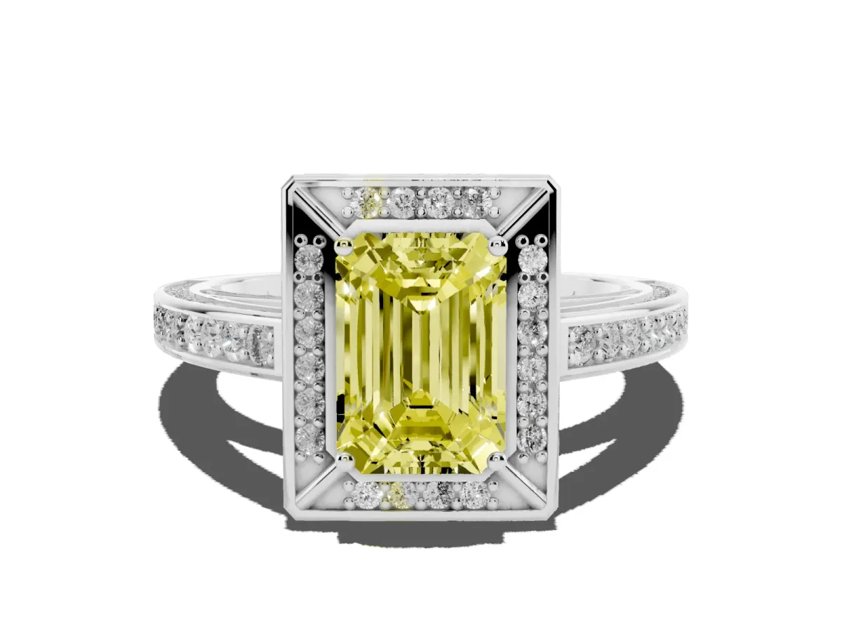 Fancy Yellow Emerald Cut Cut Halo Pave Split Shank Prong Setting Ring Silver