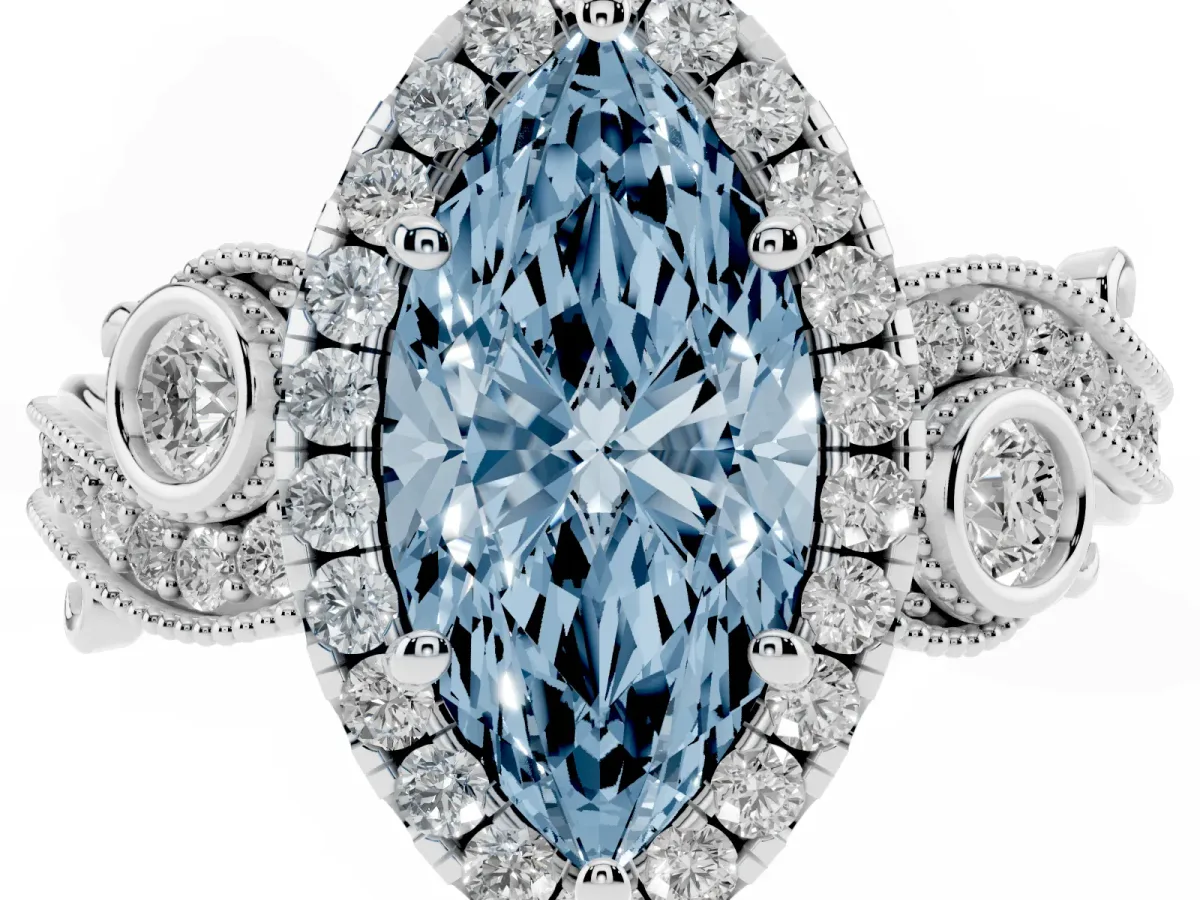 Fancy Blue Marquise Cut Diamond Halo Ring with Milgrain Pavé Band and Four-Prong Setting Silver