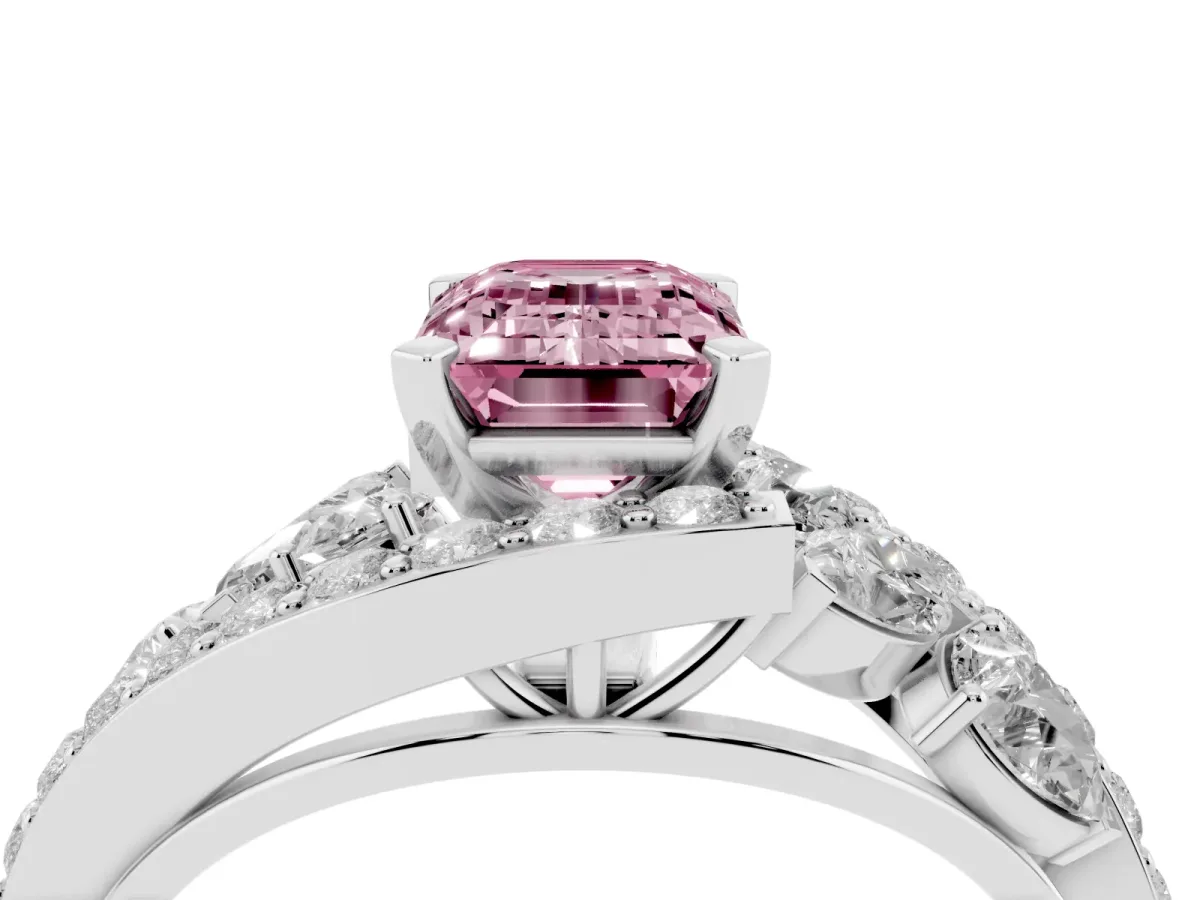 Fancy Pink Emerald Cut Diamond Halo Ring with Marquise and Pavé Band in Prong Setting Platinum