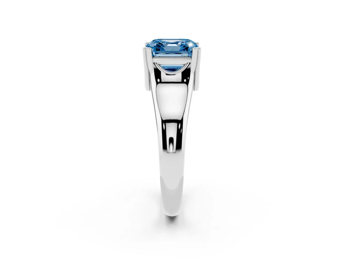 Fancy Blue Asscher Cut Diamond Solitaire Ring with Wide Band and Prong Setting Silver