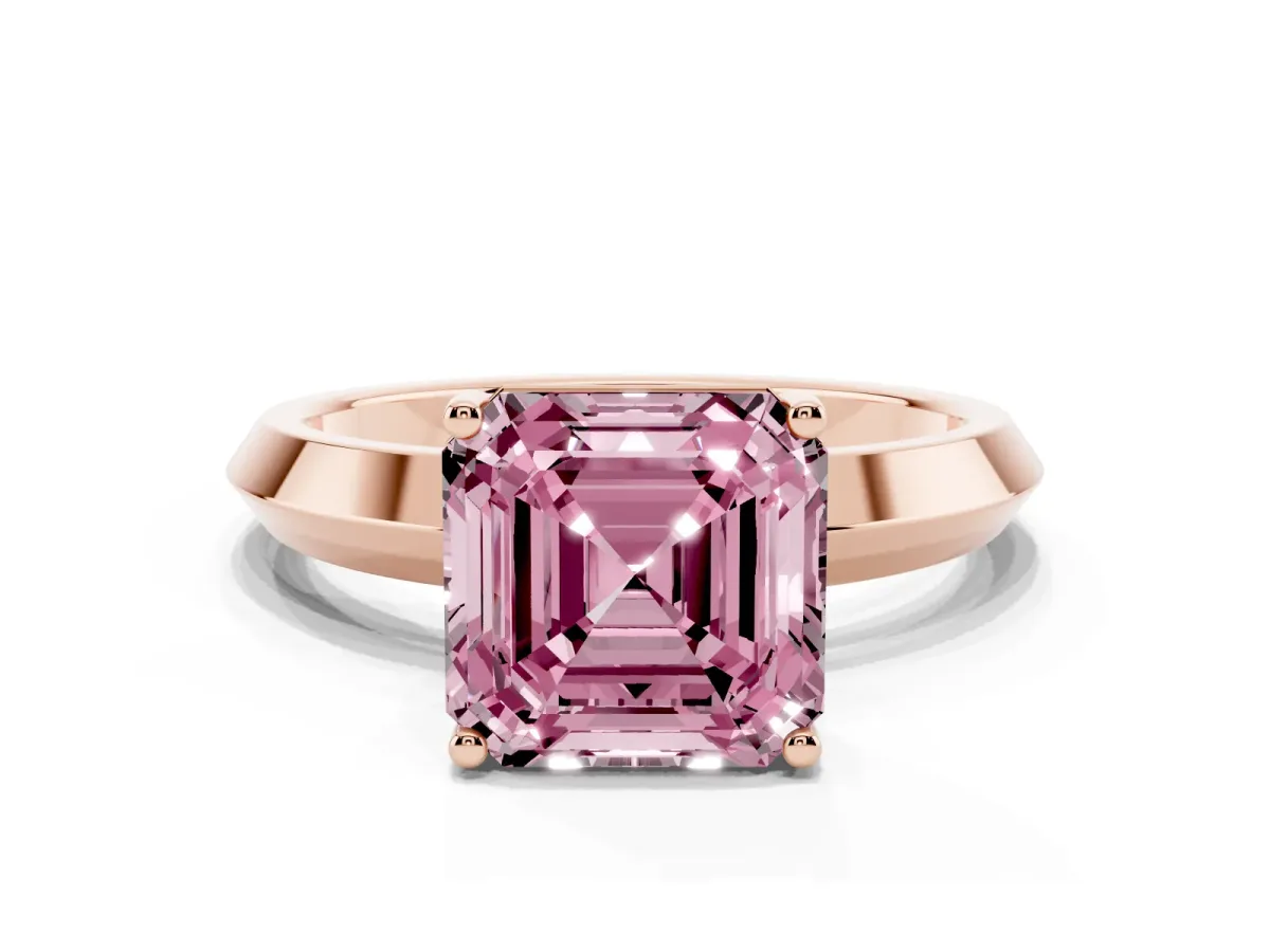 Fancy Pink Asscher Cut Cut Solitaire Engagement Ring with Flat Band and Four-Prong Setting Rose gold
