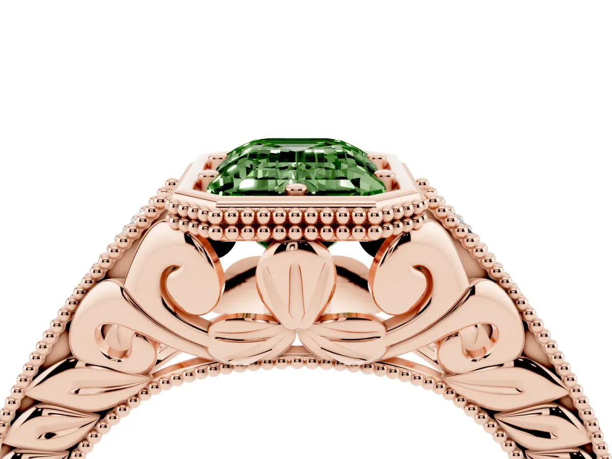 Fancy Green Bezel Set Emerald Cut Diamond Milgrain Pave Engagement Ring Rose gold