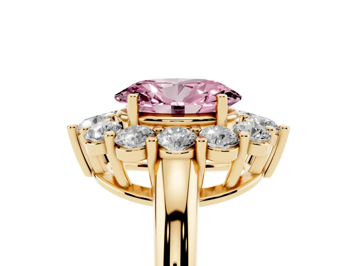 Fancy Pink Oval Cut Halo Cluster Diamond Engagement Ring with Prong Setting and Polished Band Yellow gold
