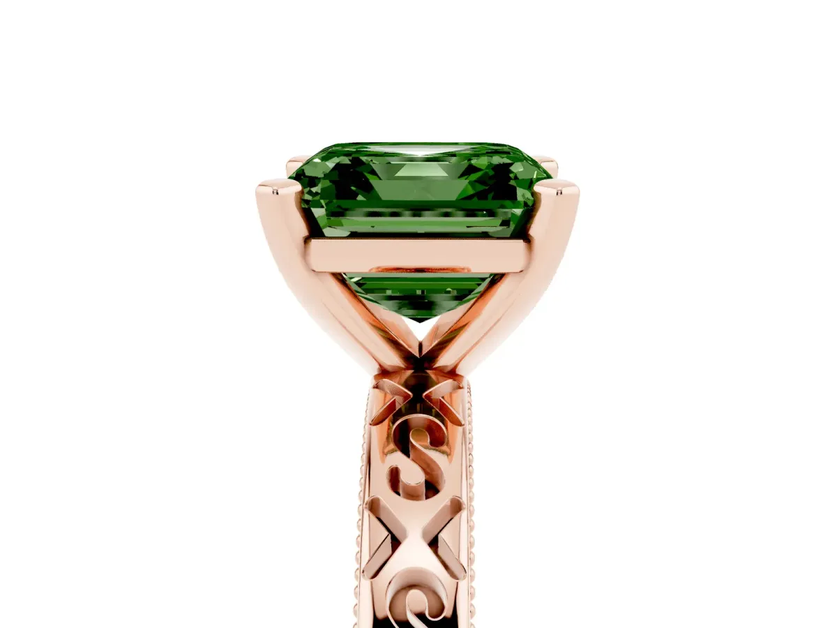 Fancy Green Asscher Cut Solitaire Engagement Ring with Scrollwork Band and Four-Prong Setting Rose gold