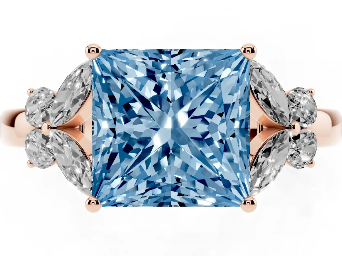 Fancy Blue Princess Cut Cut Solitaire Floral Diamond Ring with Four-Prong Setting Rose gold