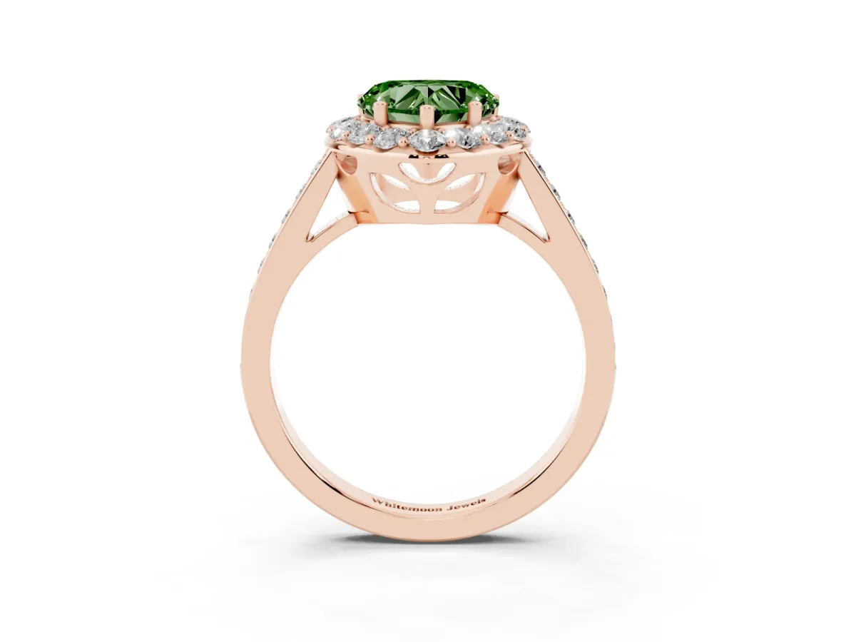 Fancy Green Heart Cut Diamond Floral Halo Ring with Pavé Band and Prong Setting Rose gold