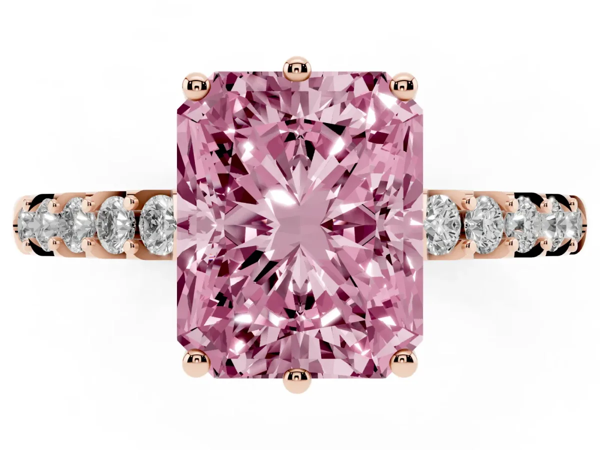 Fancy Pink Radiant Cut Solitaire Diamond Engagement Ring with Pavé Band and Six-Prong Setting Rose gold
