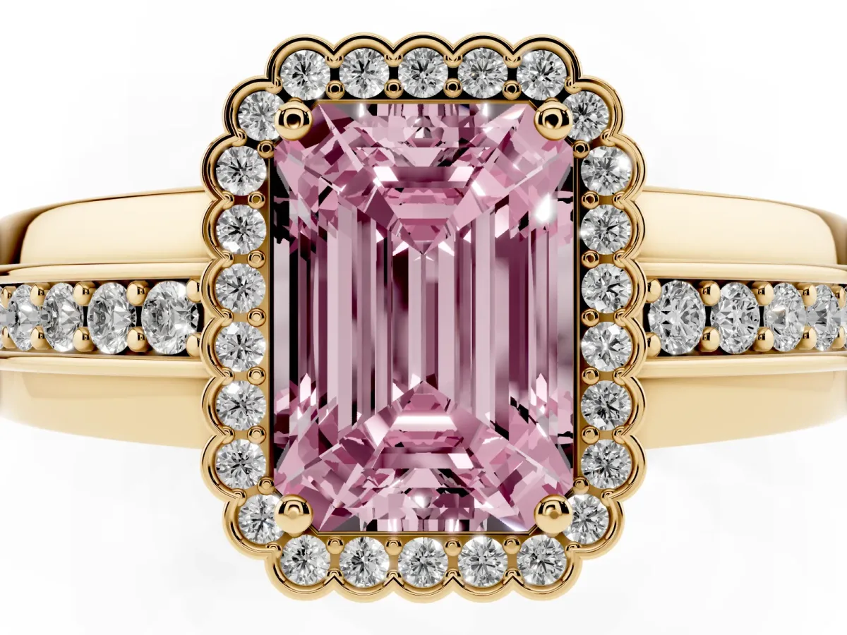 Fancy Pink Emerald Cut Cut Halo Pave Band Four-Prong Ring Yellow gold