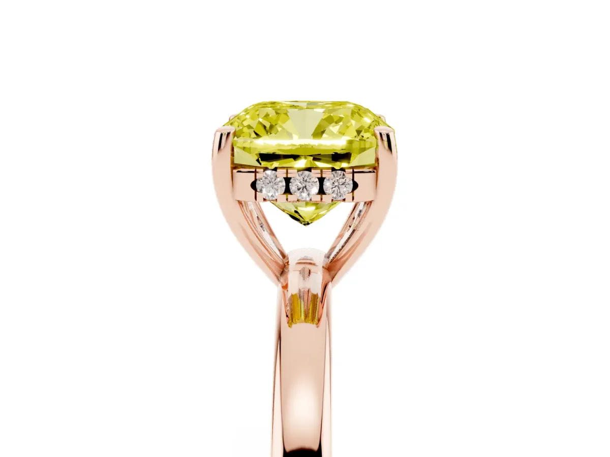 Fancy Yellow Cushion Cut Solitaire Diamond Ring with Prong Setting and Plain Band Rose gold