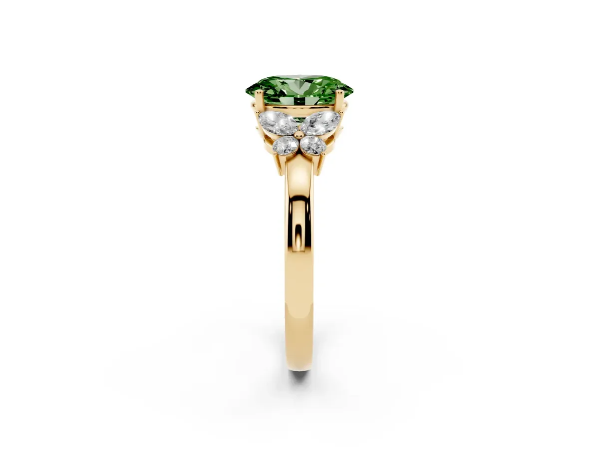Fancy Green Oval Cut Cut Solitaire Floral Diamond Ring with Four-Prong Setting Yellow gold