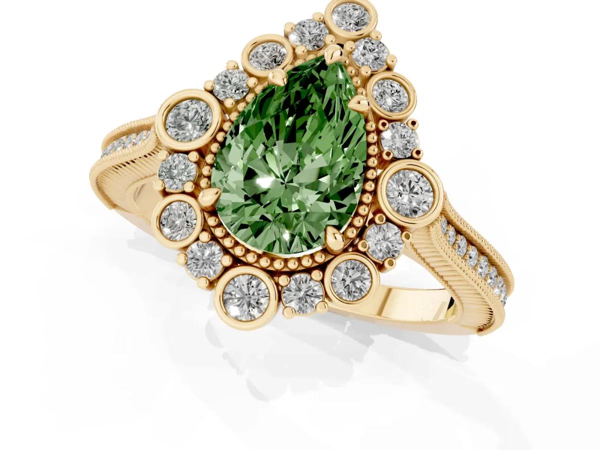 Fancy Green Pear Cut Halo Milgrain Pave Diamond Ring with Four-Prong Setting Yellow gold