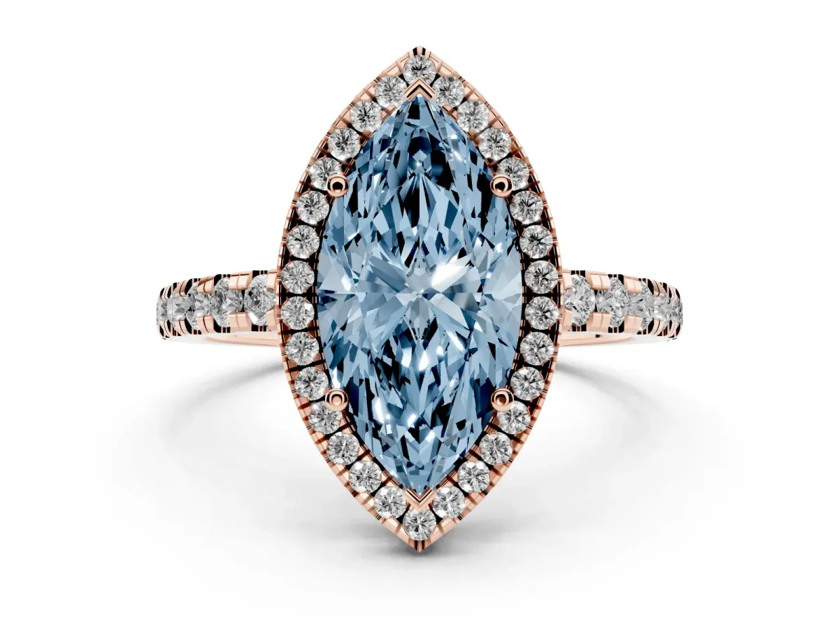 Fancy Blue Marquise Cut Diamond Halo Ring with Pavé Band and Four-Prong Setting Rose gold