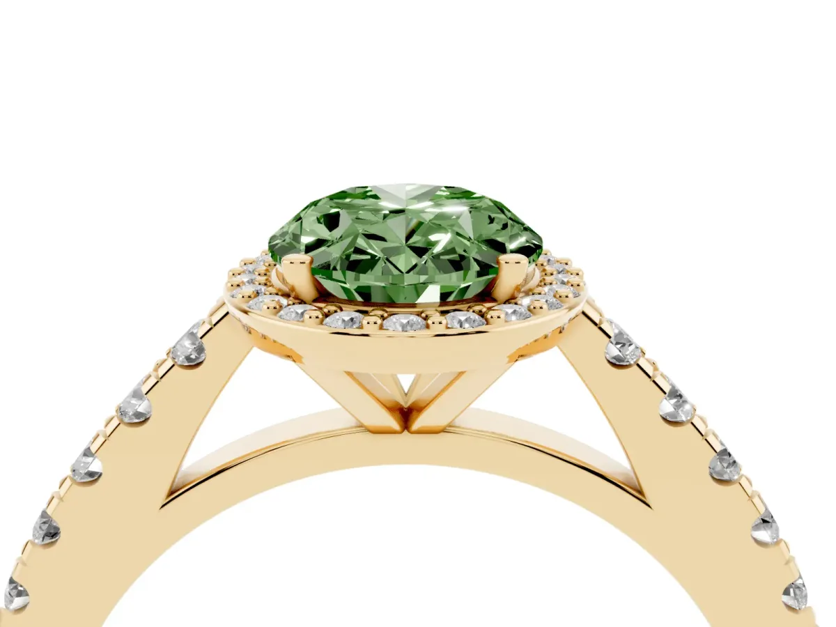 Fancy Green Oval Cut Cut Halo Diamond Engagement Ring with Pave Band and Four-Prong Setting Yellow gold